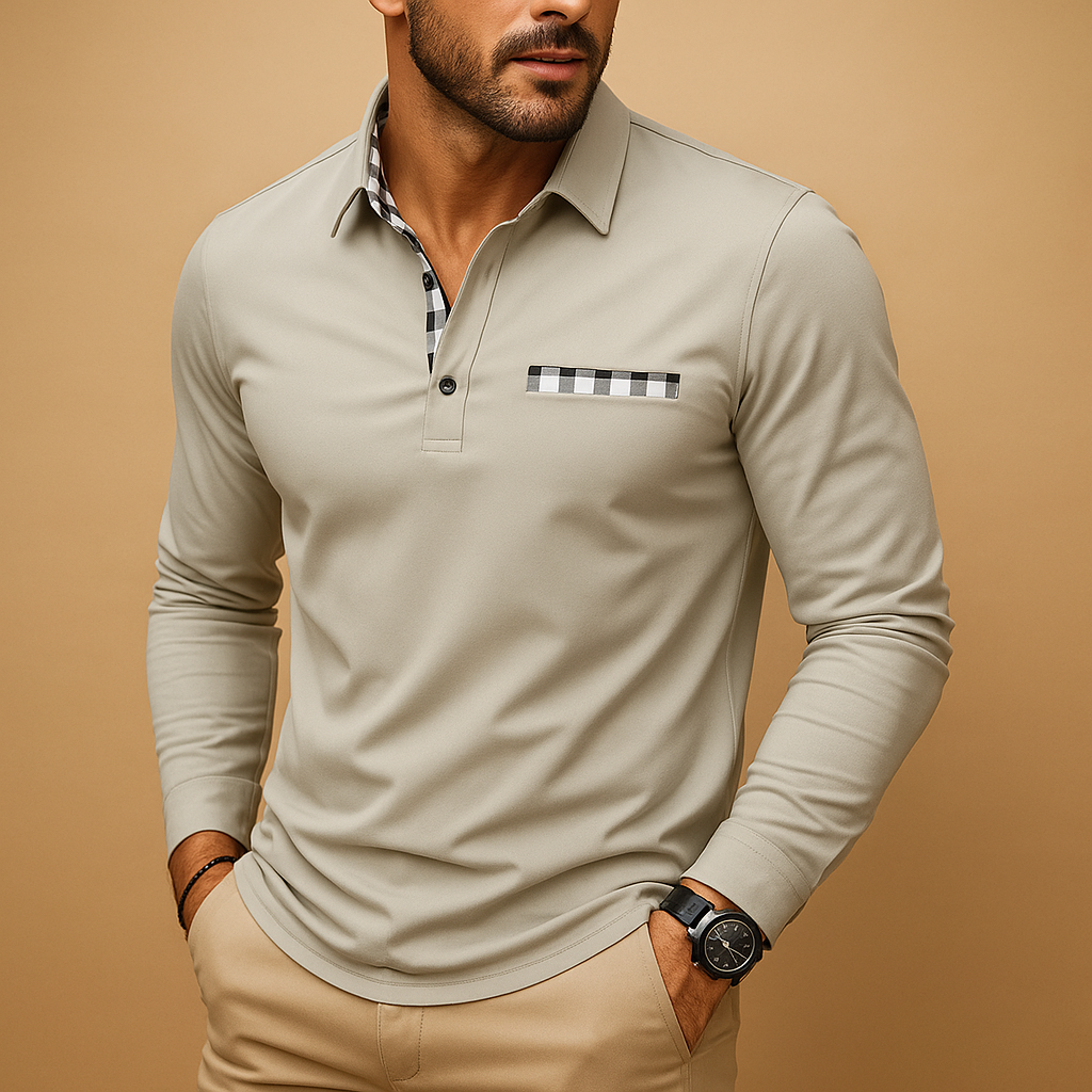 Men’s long sleeve polo shirt with collar and button closure, breathable fabric, and tailored fit, perfect for both casual and business outfits.