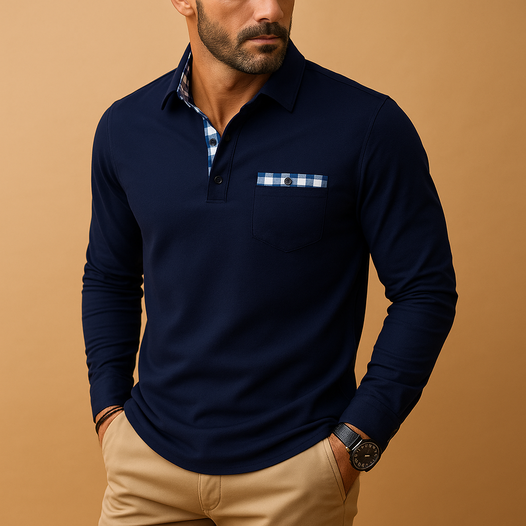 Men’s long sleeve polo shirt with collar and button closure, breathable fabric, and tailored fit, perfect for both casual and business outfits.