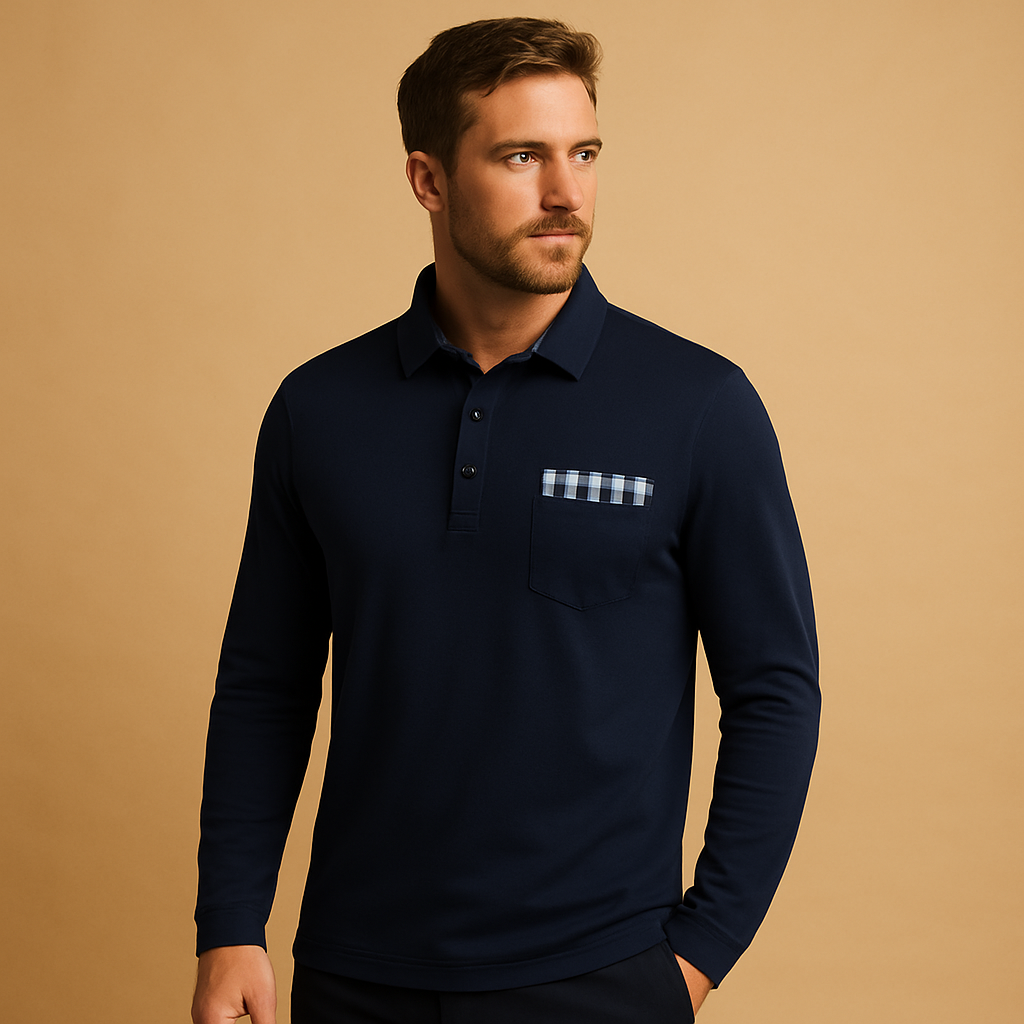 Men’s long sleeve polo shirt with collar and button closure, breathable fabric, and tailored fit, perfect for both casual and business outfits.
