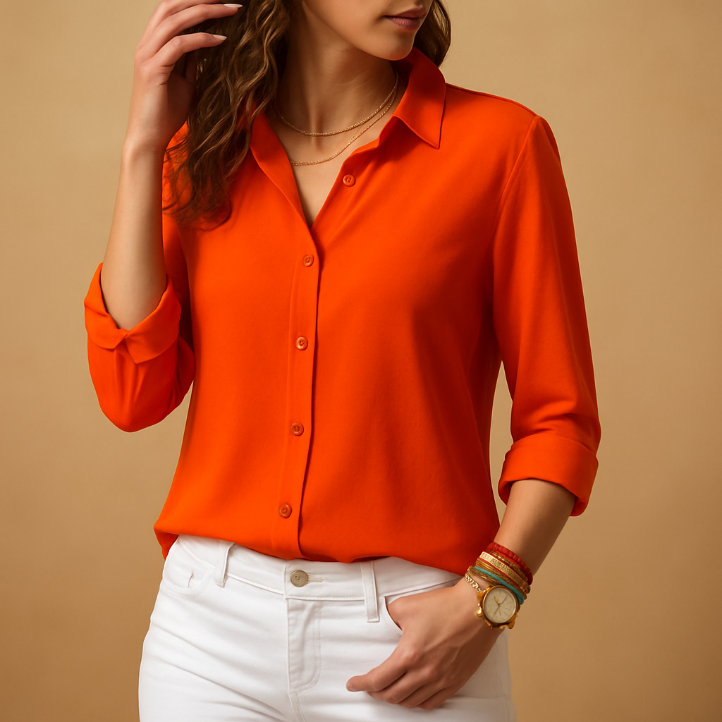 Women’s long sleeve V-neck blouse with button closure and elegant fit, perfect for office wear, daily use, or evening occasions.