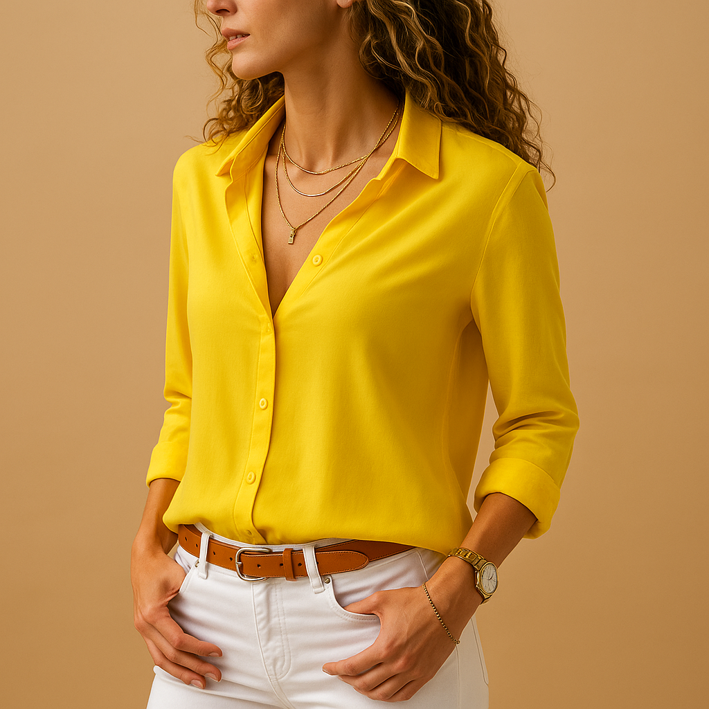 Women’s long sleeve V-neck blouse with button closure and elegant fit, perfect for office wear, daily use, or evening occasions.