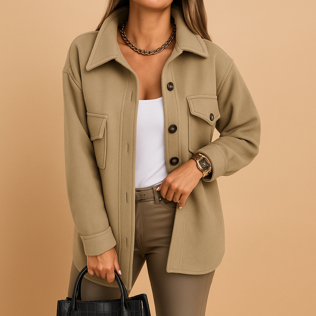 Elegant long tailored winter coat for women with refined silhouette and structured design, perfect for formal or casual layered outfits.