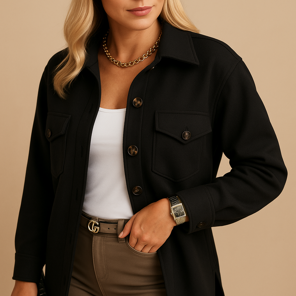 Elegant long tailored winter coat for women with refined silhouette and structured design, perfect for formal or casual layered outfits.