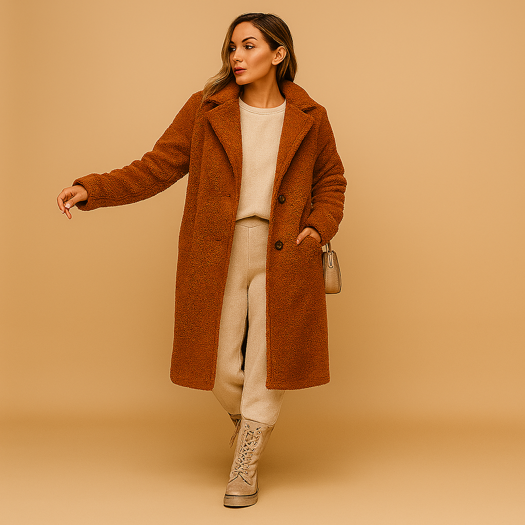 Women’s long teddy coat in beige with ultra-soft fabric, modern cut, and elegant design. Perfect for both formal and casual winter outfits.