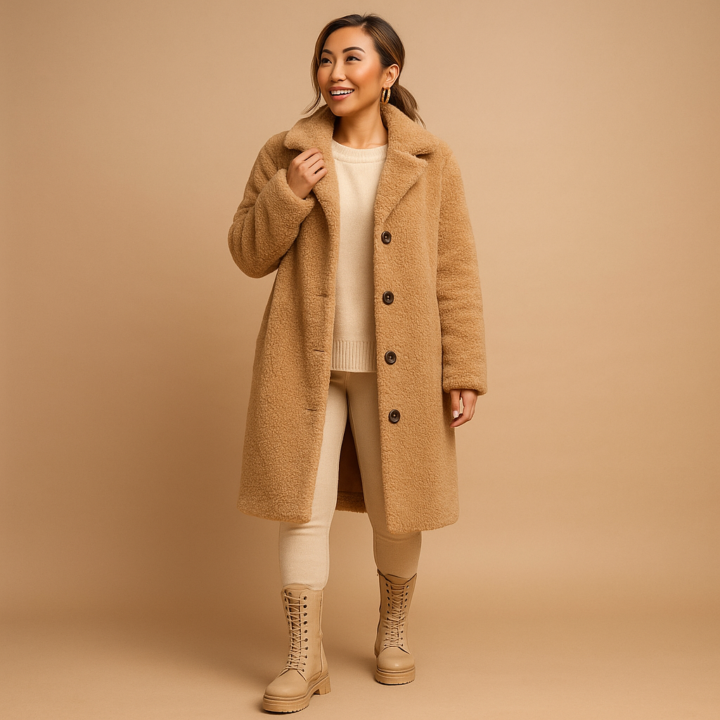 Women’s long teddy coat in beige with ultra-soft fabric, modern cut, and elegant design. Perfect for both formal and casual winter outfits.