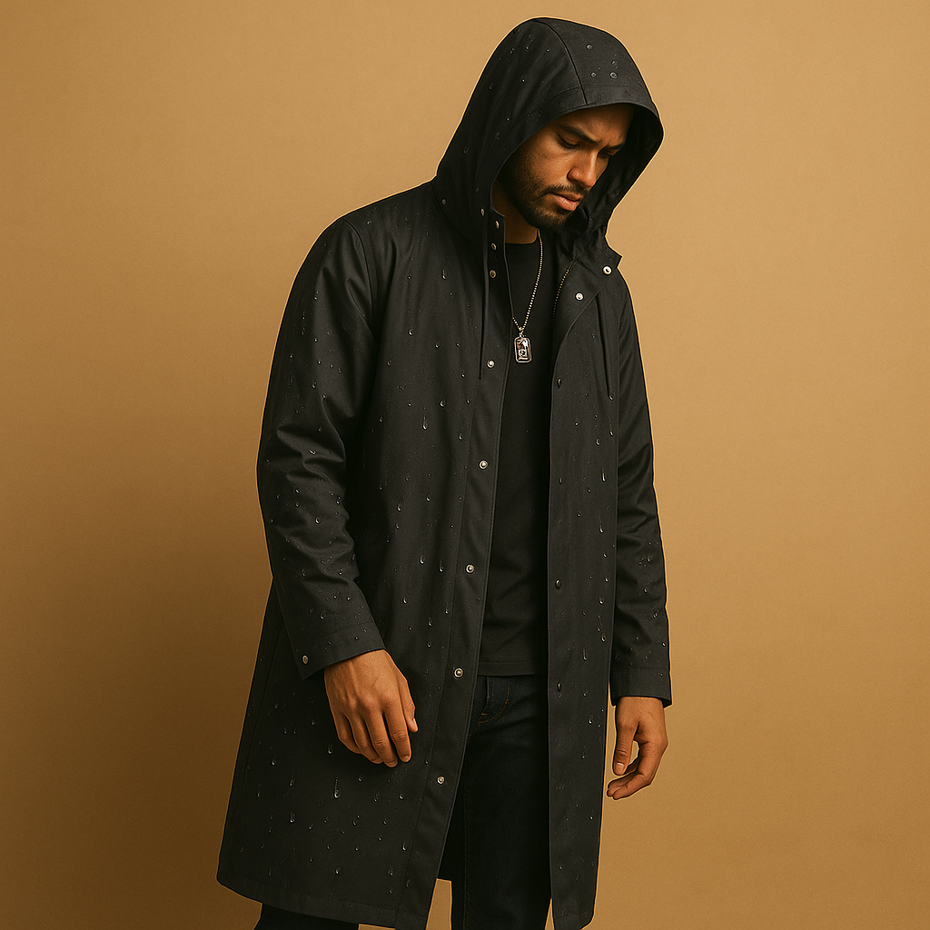 Men’s long waterproof rain jacket in durable EVA with extended cut, black color, and comfortable fit for outdoor activities.