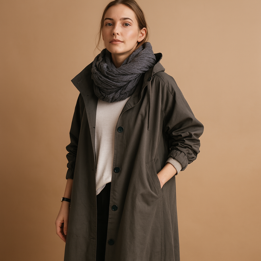 Women’s long waterproof raincoat with breathable fabric, adjustable waist, removable hood, and belt. Available in Green, Beige, and Black.