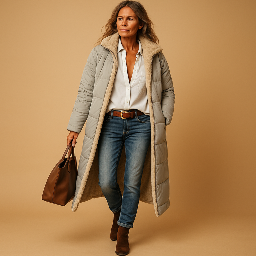 Women’s long winter coat with modern cut, premium insulation, and comfortable fit. Available in Black, Beige, and Dark Blue for timeless cold-weather style.