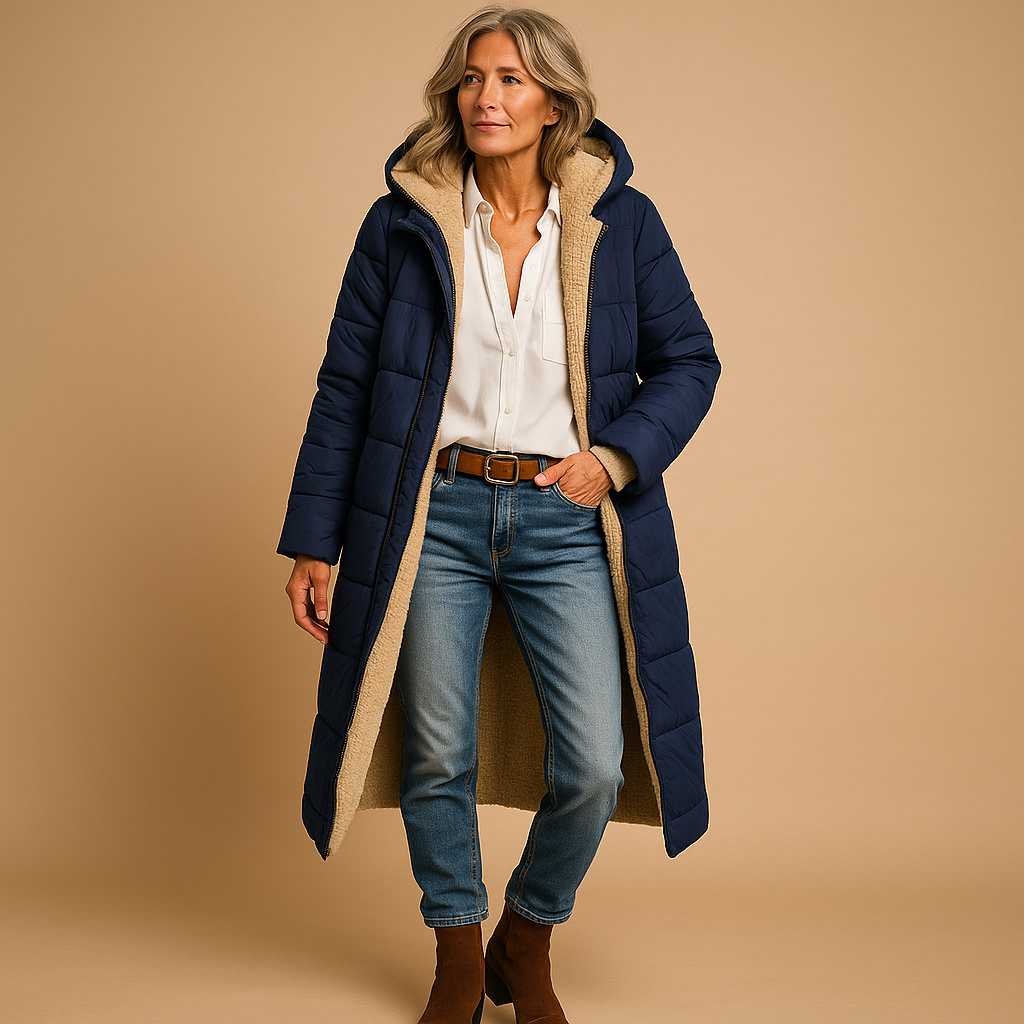 Women’s long winter coat with modern cut, premium insulation, and comfortable fit. Available in Black, Beige, and Dark Blue for timeless cold-weather style.