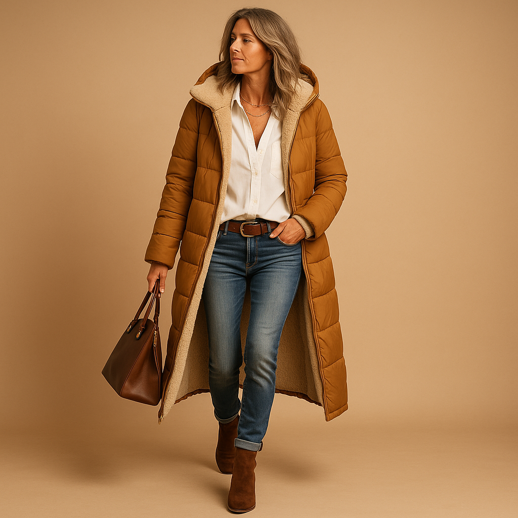 Women’s long winter coat with modern cut, premium insulation, and comfortable fit. Available in Black, Beige, and Dark Blue for timeless cold-weather style.