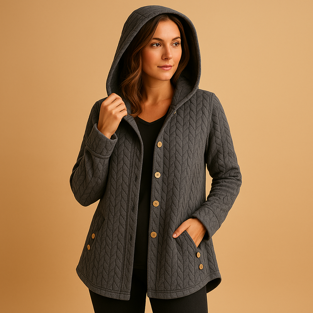Long winter coat for women with hood, button closure, and extended fit. Made from durable warm fabric in elegant seasonal colors.