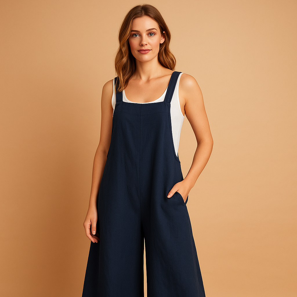 Women’s loose summer jumpsuit with wide legs in black & white, green & black, and dark blue & white, perfect for casual outings and warm days.