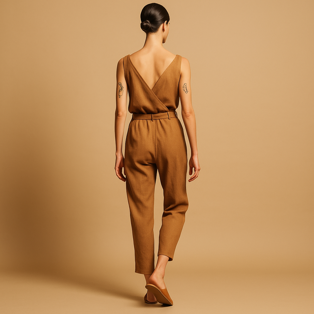 Loose fit V-neck jumpsuit for women with adjustable waist and flowy design, perfect for summer days, beach outings, and everyday comfort.