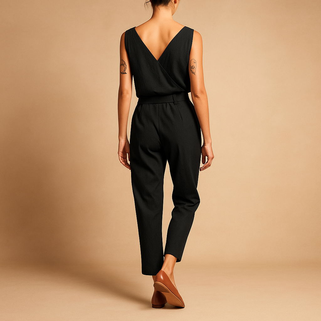 Loose fit V-neck jumpsuit for women with adjustable waist and flowy design, perfect for summer days, beach outings, and everyday comfort.