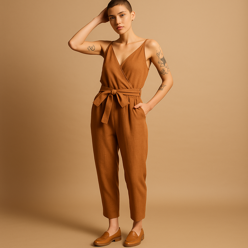 Loose fit V-neck jumpsuit for women with adjustable waist and flowy design, perfect for summer days, beach outings, and everyday comfort.