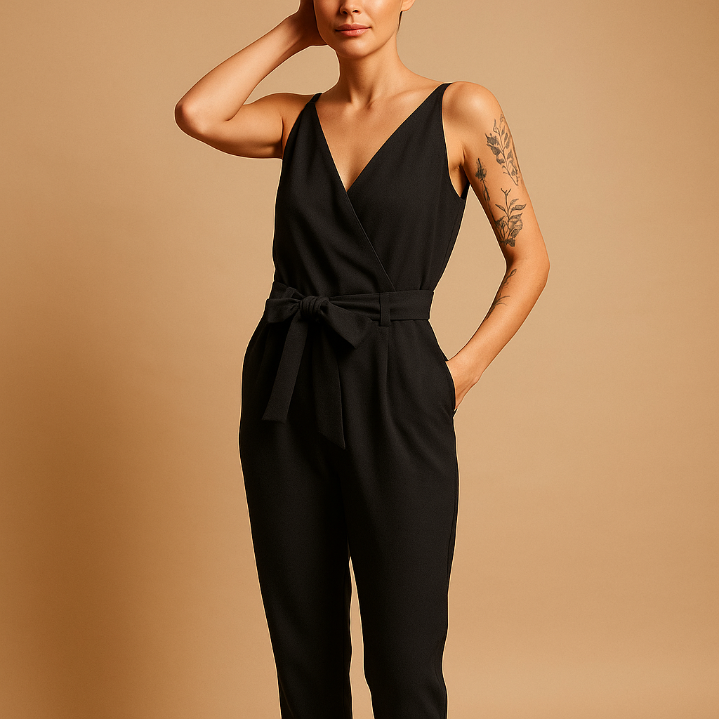 Loose fit V-neck jumpsuit for women with adjustable waist and flowy design, perfect for summer days, beach outings, and everyday comfort.