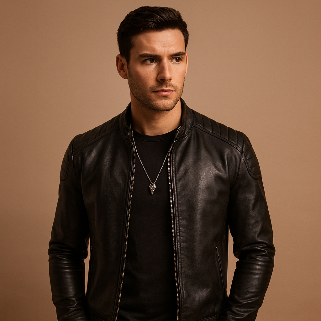 Men’s luxury biker jacket with soft breathable fabric and timeless design, perfect for both business outfits and casual wear.