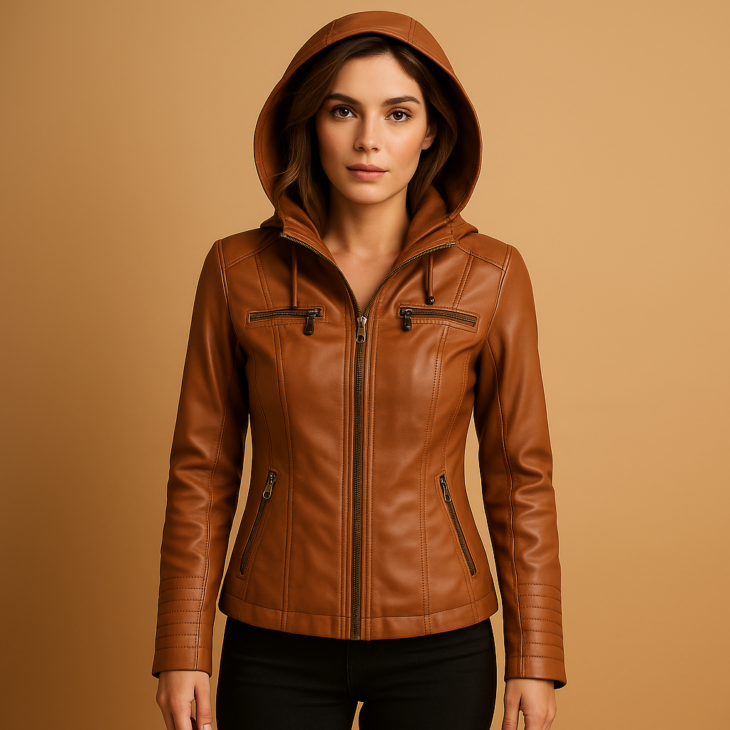 Women’s leather biker jacket in a timeless design, tailored fit, and versatile style for casual or formal outfits.