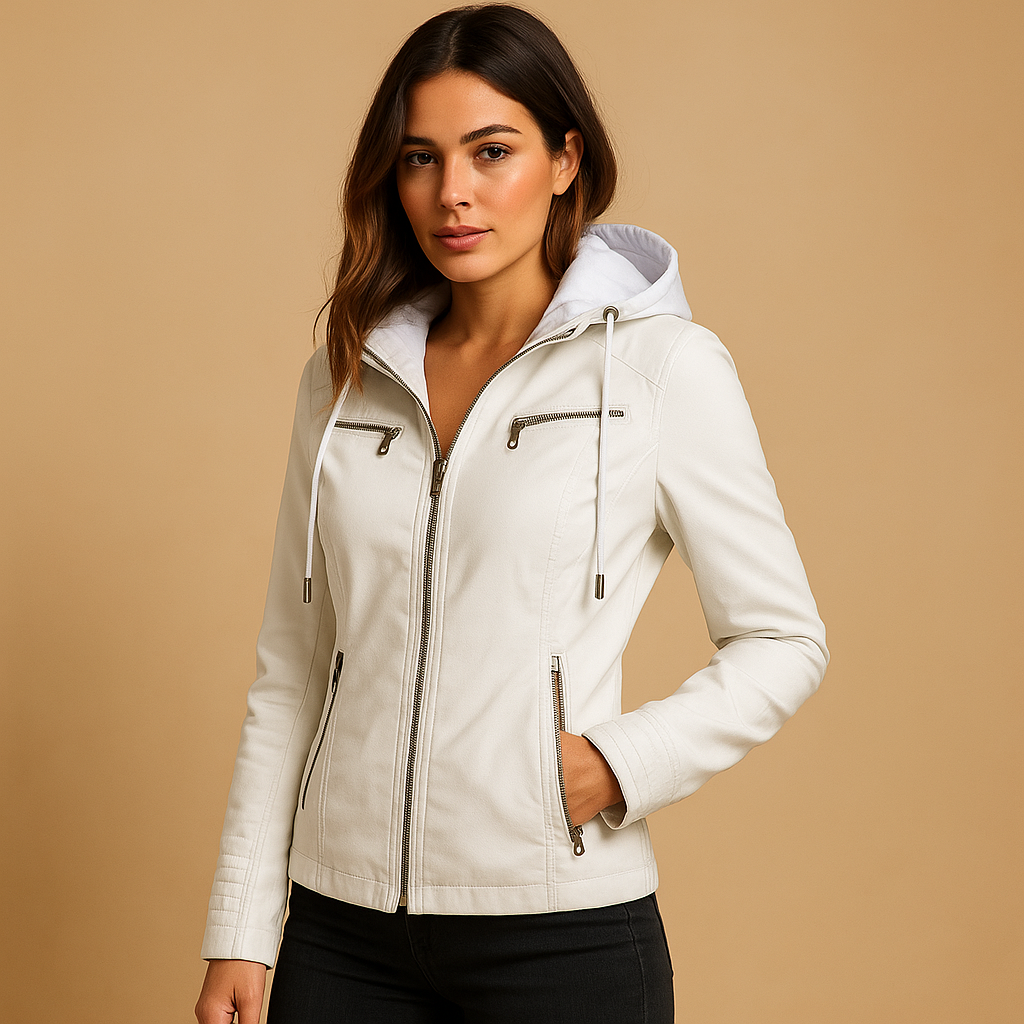 Women’s leather biker jacket in a timeless design, tailored fit, and versatile style for casual or formal outfits.