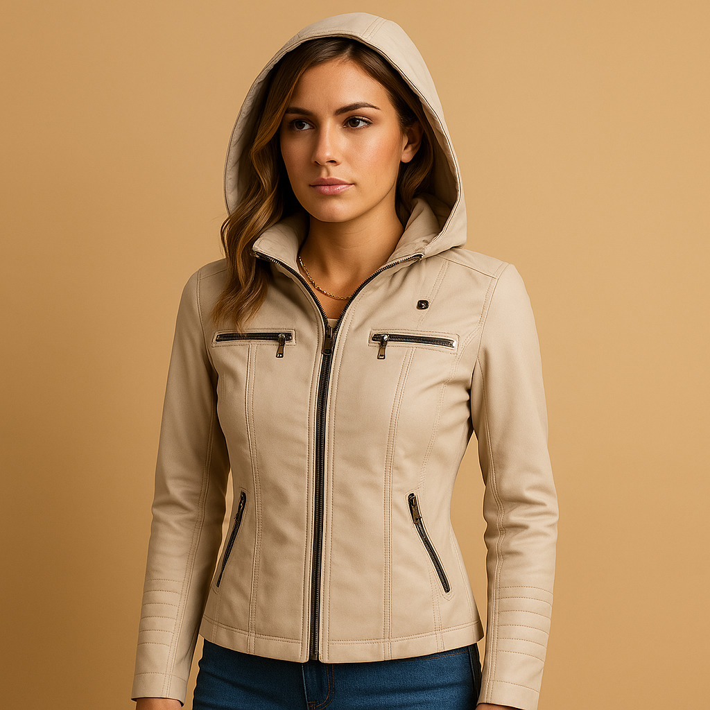 Women’s leather biker jacket in a timeless design, tailored fit, and versatile style for casual or formal outfits.