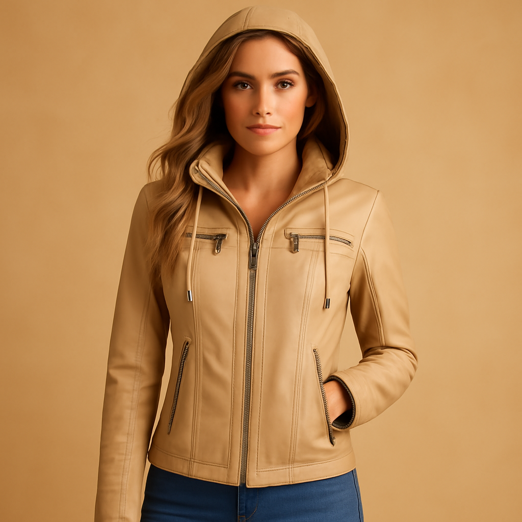 Women’s leather biker jacket in a timeless design, tailored fit, and versatile style for casual or formal outfits.