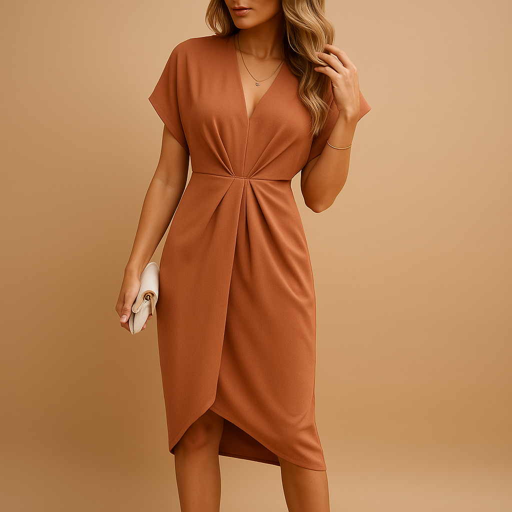 Midi wrap dress for women named Elara, with a flattering wrap design and timeless fit, perfect for work, social occasions, or elegant dinners.