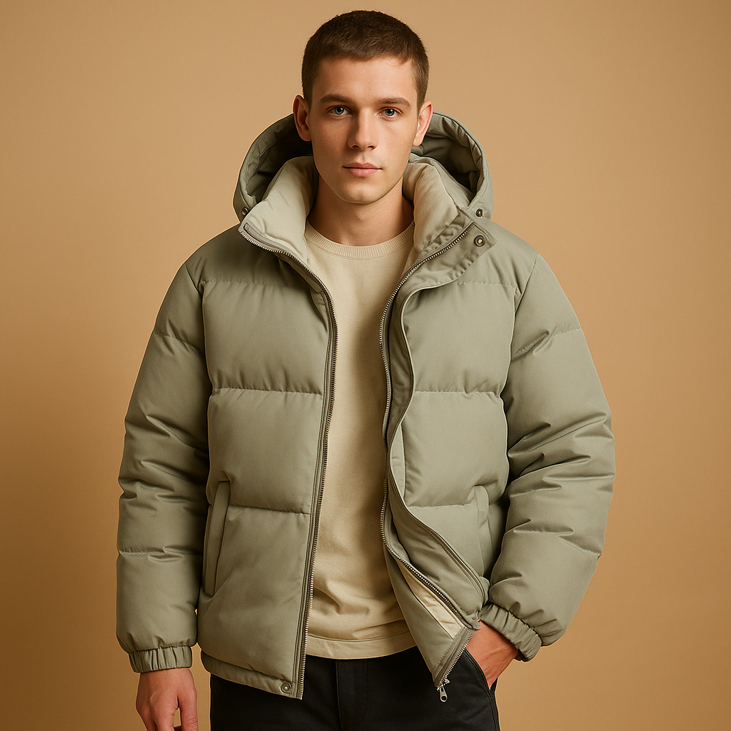 Men’s modern puffer jacket with hood, padded insulation, and sporty design. Lightweight, warm, and available in black, grey, and blue.