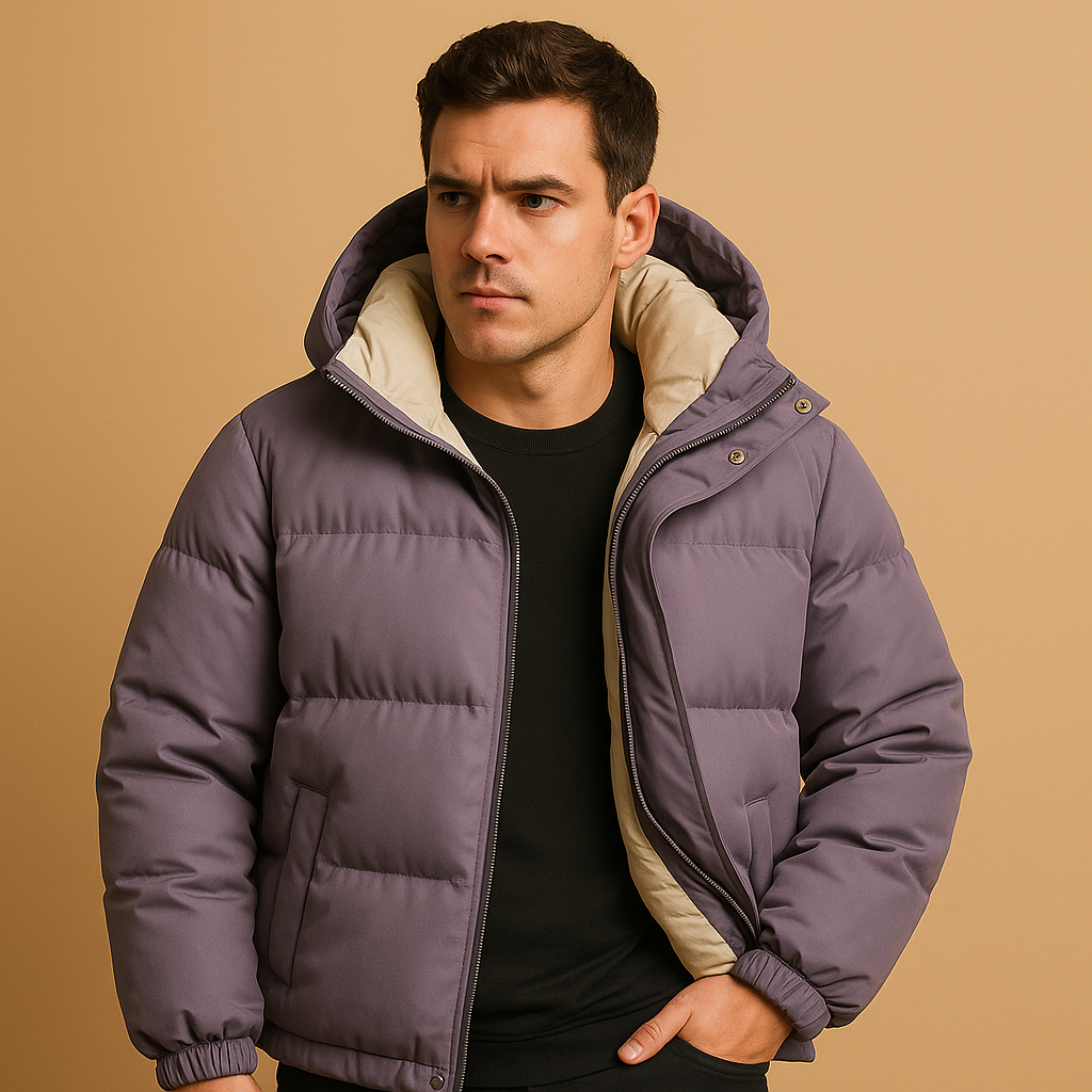 Men’s modern puffer jacket with hood, padded insulation, and sporty design. Lightweight, warm, and available in black, grey, and blue.