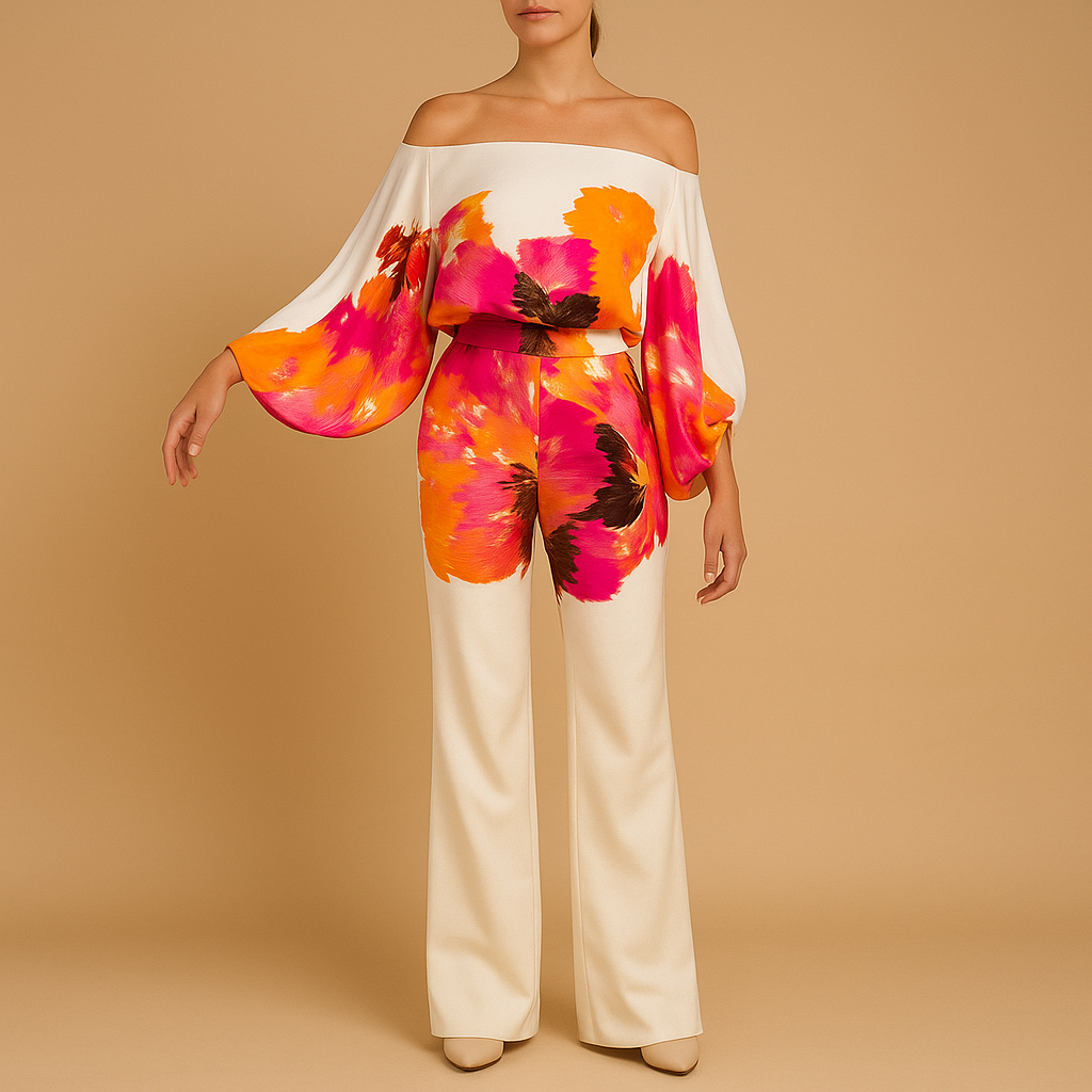 Women’s off-shoulder top with balloon sleeves and matching wide-leg pants, ideal for summer evenings, dinners, vacations, or office wear.