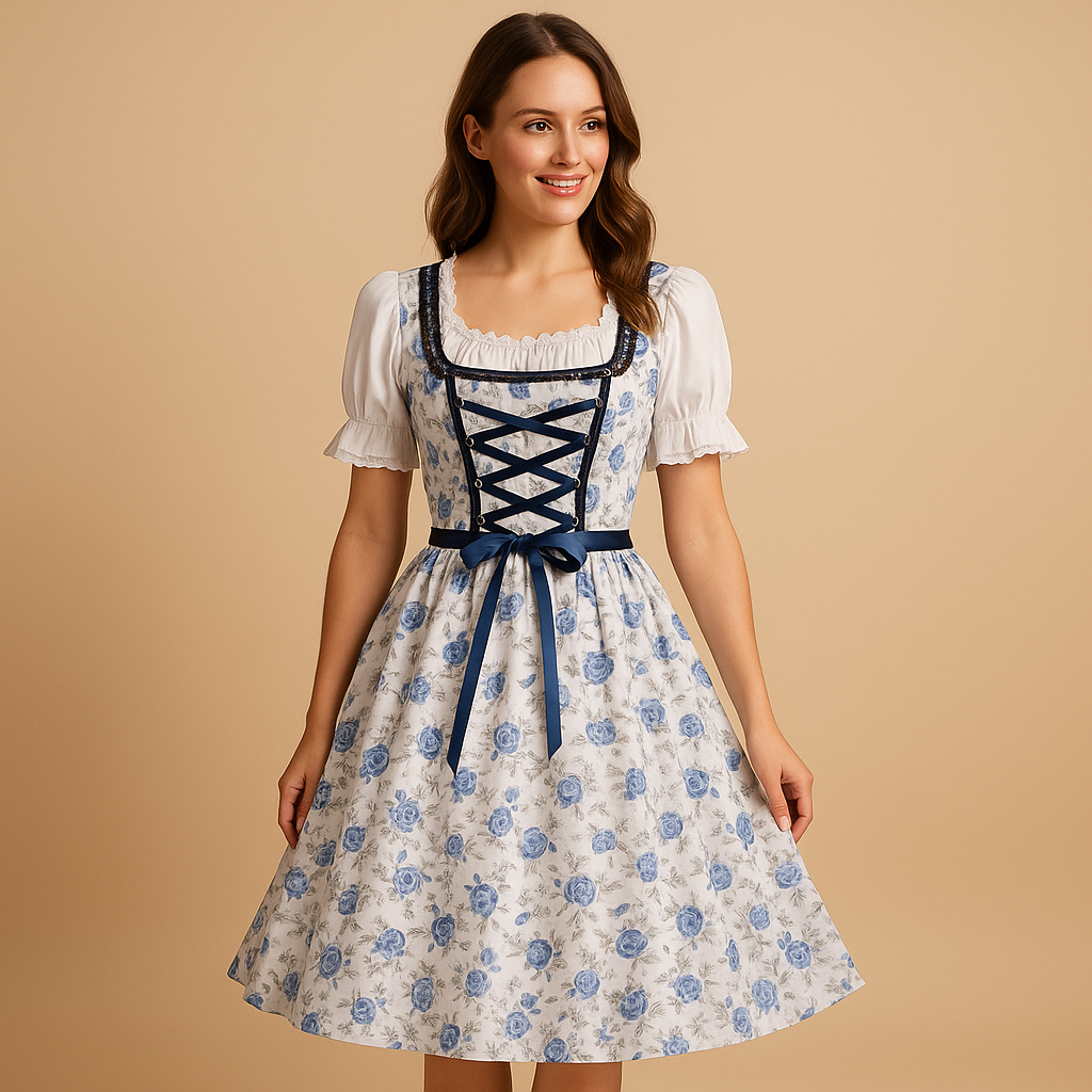 Women’s Oktoberfest dress with lace details and matching apron in traditional Bavarian style, perfect for festive celebrations and dancing.