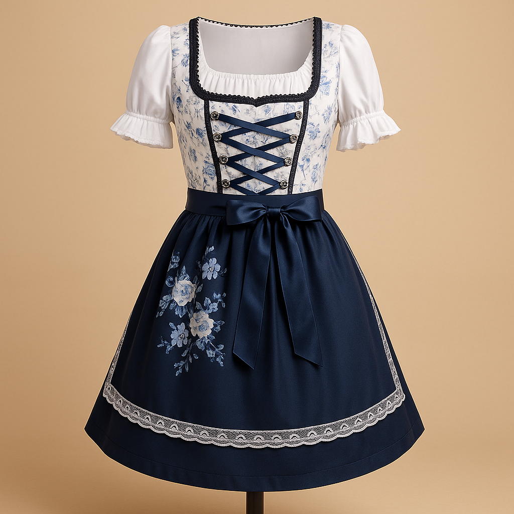 Women’s Oktoberfest dress with lace details and matching apron in traditional Bavarian style, perfect for festive celebrations and dancing.