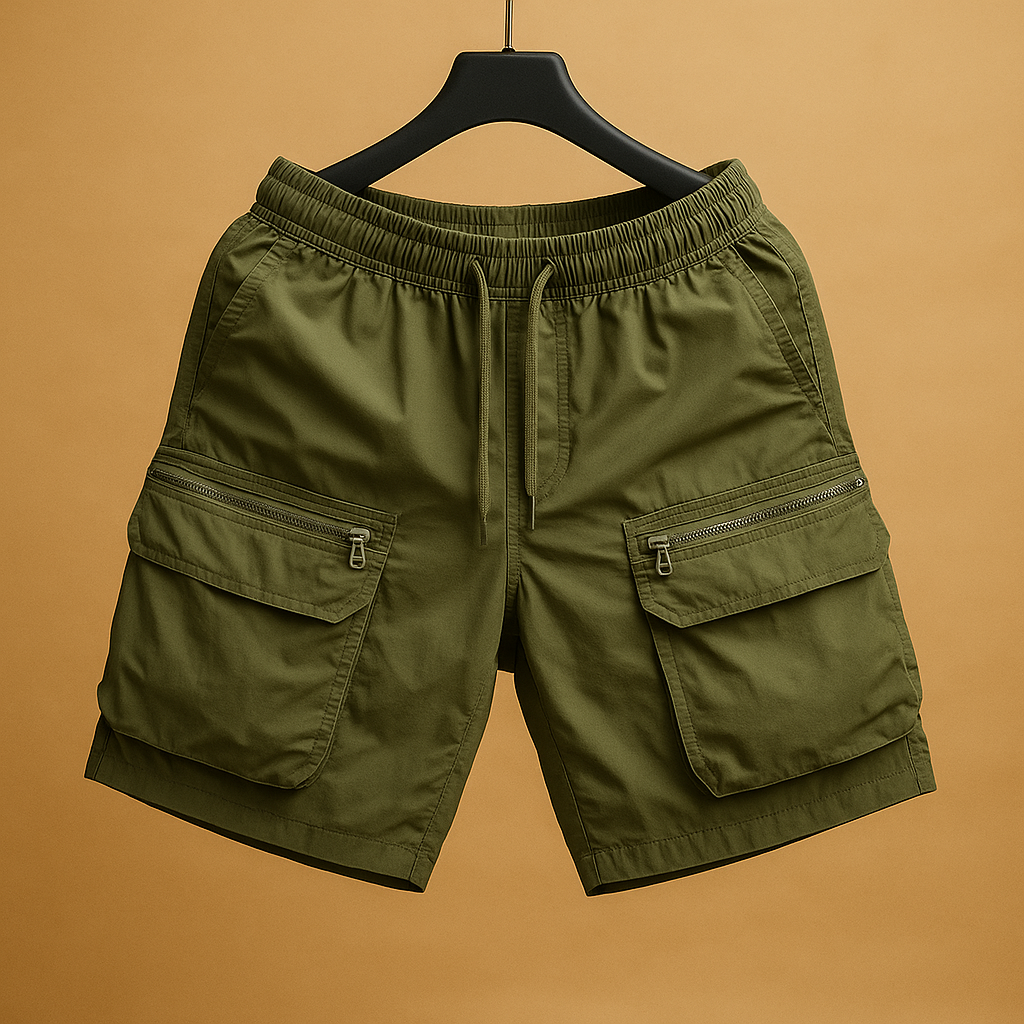 Men’s oversized cargo shorts Mason in lightweight quick-dry fabric with multiple pockets, available in brown, black, army green, white, and purple.