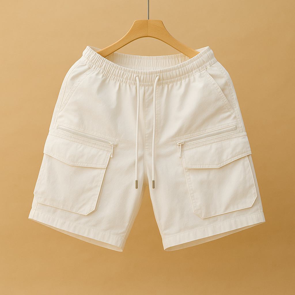 Men’s oversized cargo shorts Mason in lightweight quick-dry fabric with multiple pockets, available in brown, black, army green, white, and purple.