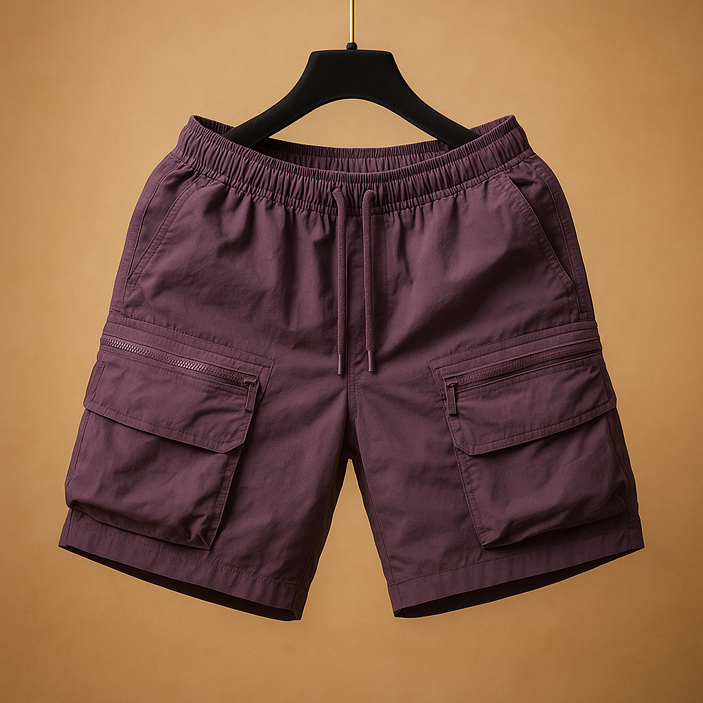 Men’s oversized cargo shorts Mason in lightweight quick-dry fabric with multiple pockets, available in brown, black, army green, white, and purple.