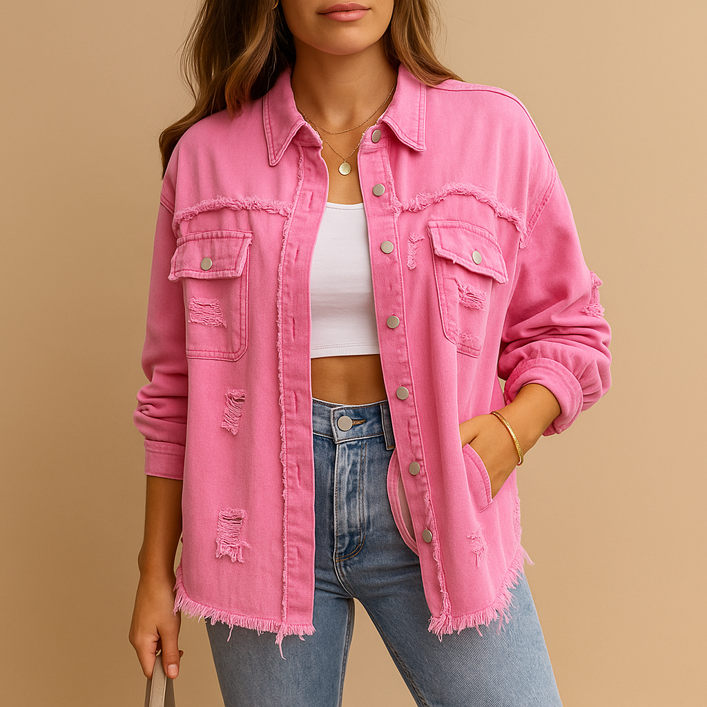 Trendy oversized denim jacket for women with destroyed details and long sleeves, perfect for casual or chic layered looks.