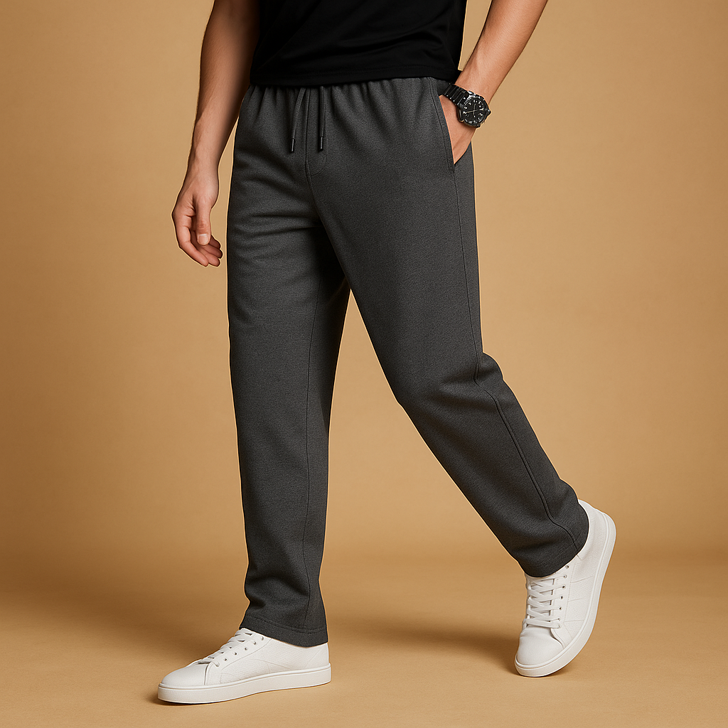Men’s oversized jogger pants Hunter with wide legs, elastic waistband, and drawstring, available in black, navy, dark grey, or light grey.