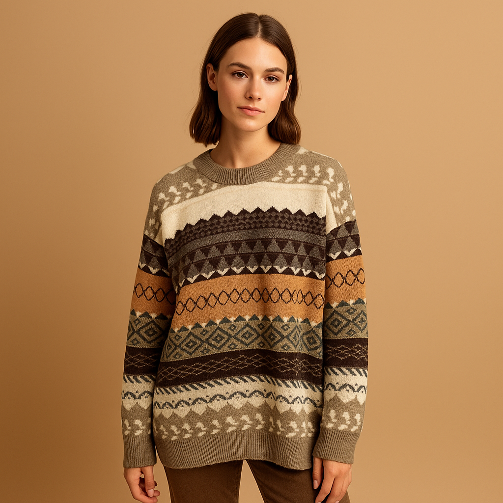 Women’s oversized knit sweater in gray and khaki with soft knit fabric and loose silhouette, ideal for casual and cozy wear.