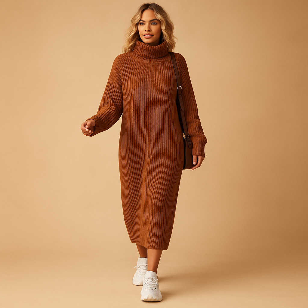 Women’s oversized knitted sweater dress with long sleeves and a relaxed fit, perfect for cozy autumn and winter outfits.