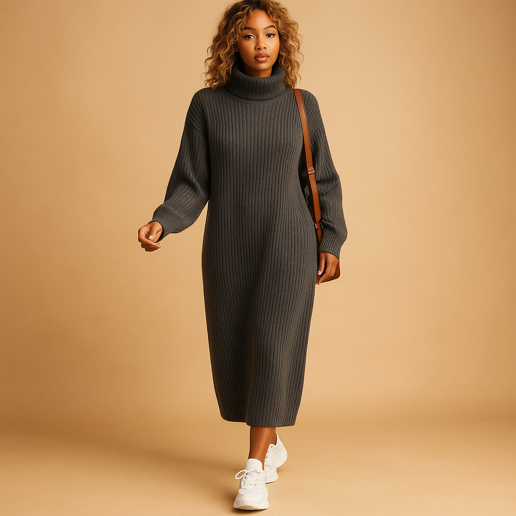 Women’s oversized knitted sweater dress with long sleeves and a relaxed fit, perfect for cozy autumn and winter outfits.