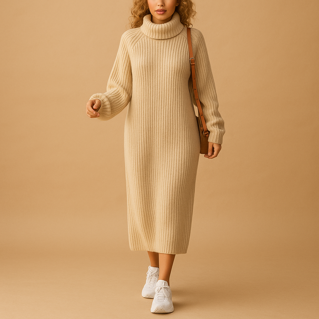 Women’s oversized knitted sweater dress with long sleeves and a relaxed fit, perfect for cozy autumn and winter outfits.