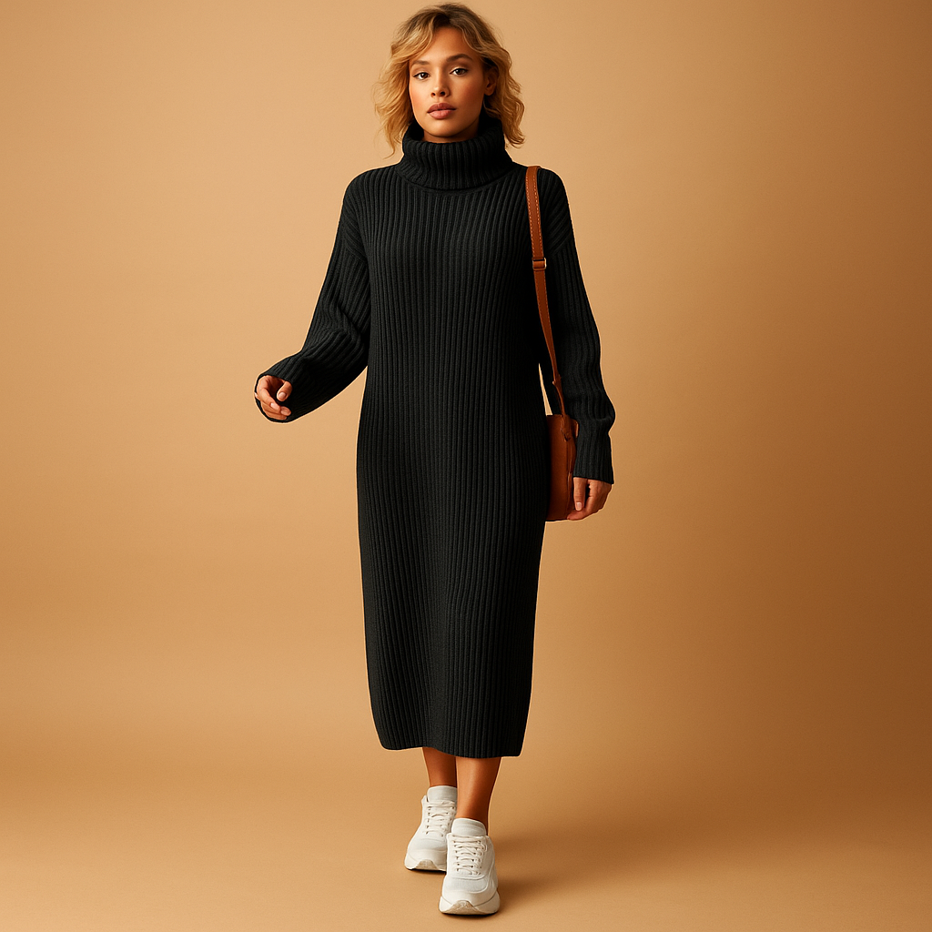 Women’s oversized knitted sweater dress with long sleeves and a relaxed fit, perfect for cozy autumn and winter outfits.