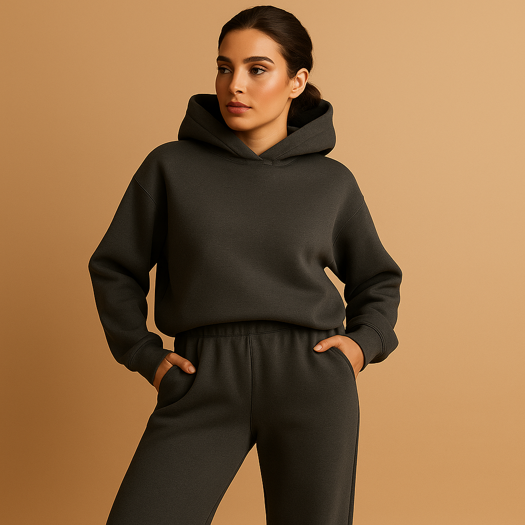 Women’s oversized loungewear set with hoodie and joggers, perfect for home, leisure, errands, or casual relaxation.