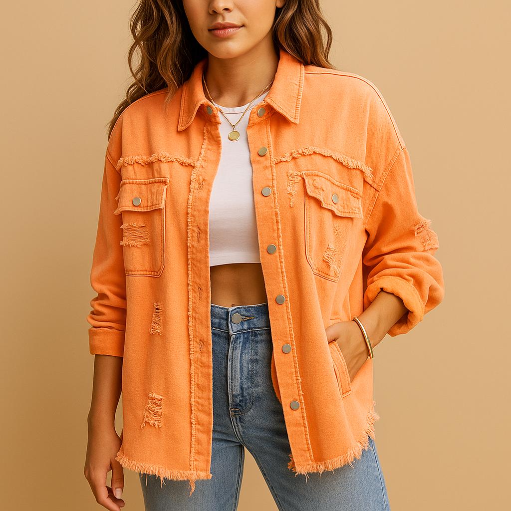 Oversized vintage denim jacket for women with distressed details and relaxed fit, perfect for casual wear and trendy city looks.
