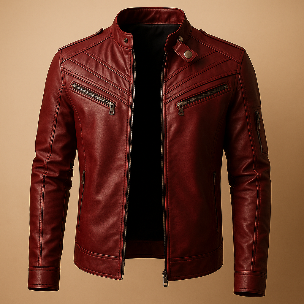 Men’s padded leather jacket in premium durable leather with stand-up collar, zipper closure, and timeless design for casual or formal wear.