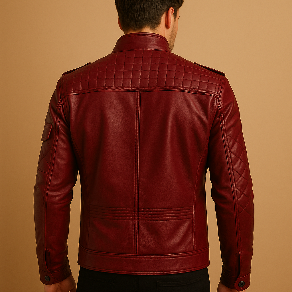 Men’s padded leather jacket in premium durable leather with stand-up collar, zipper closure, and timeless design for casual or formal wear.