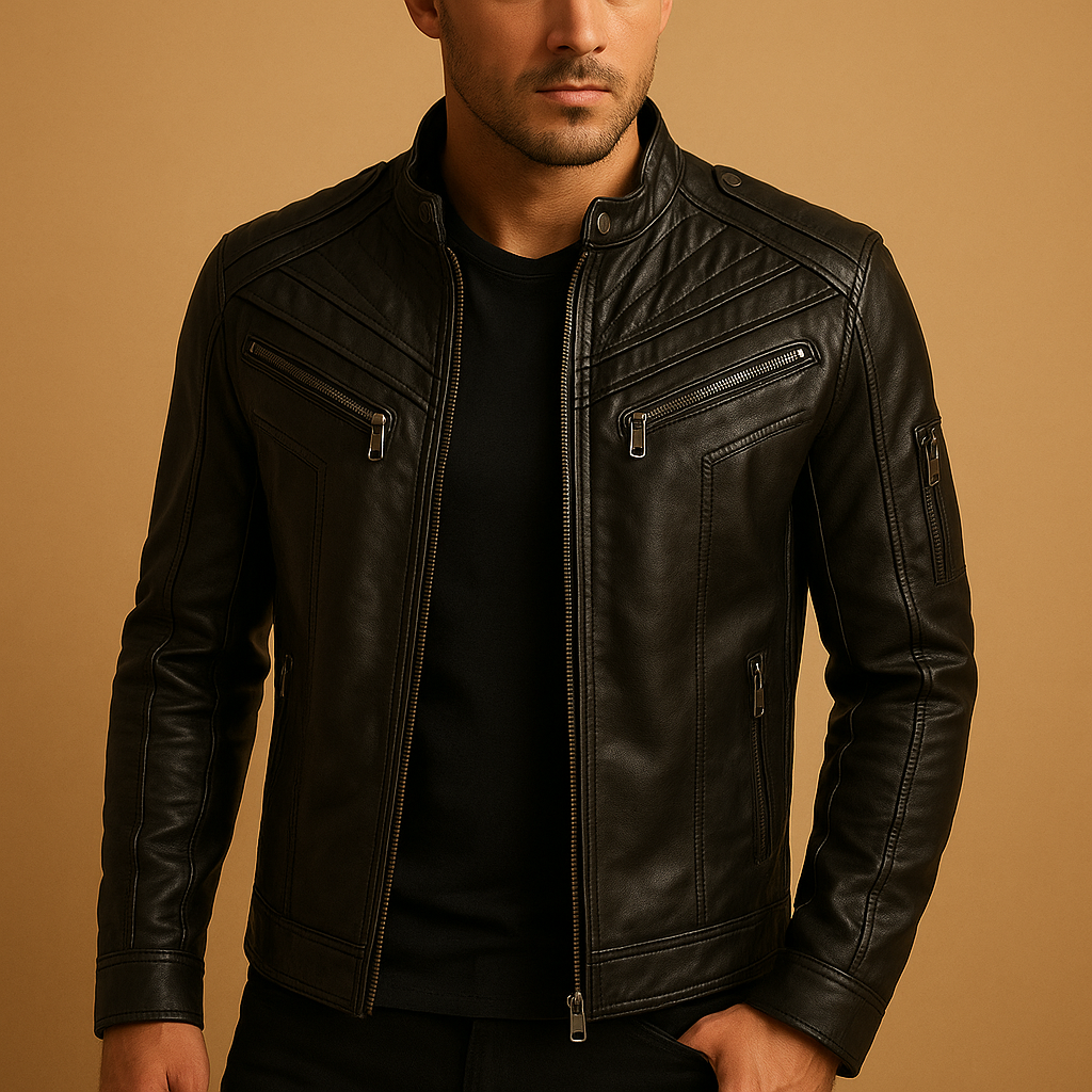 Men’s padded leather jacket in premium durable leather with stand-up collar, zipper closure, and timeless design for casual or formal wear.
