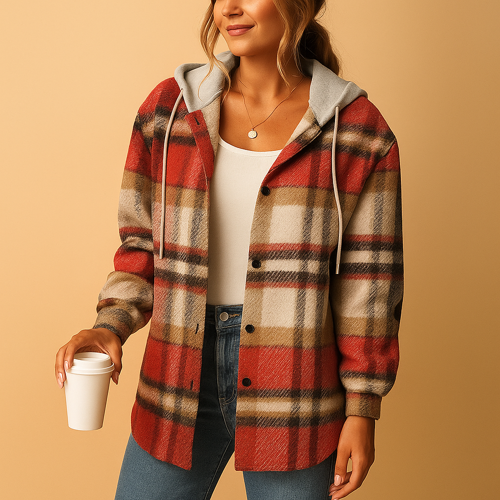 Plaid hooded jacket for women with relaxed fit, breathable fabric, and timeless checkered design. Ideal for casual wear and layering in all seasons.