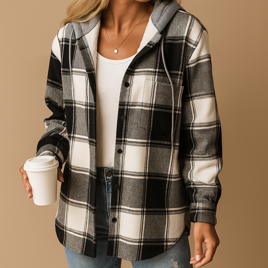 Plaid hooded jacket for women with relaxed fit, breathable fabric, and timeless checkered design. Ideal for casual wear and layering in all seasons.