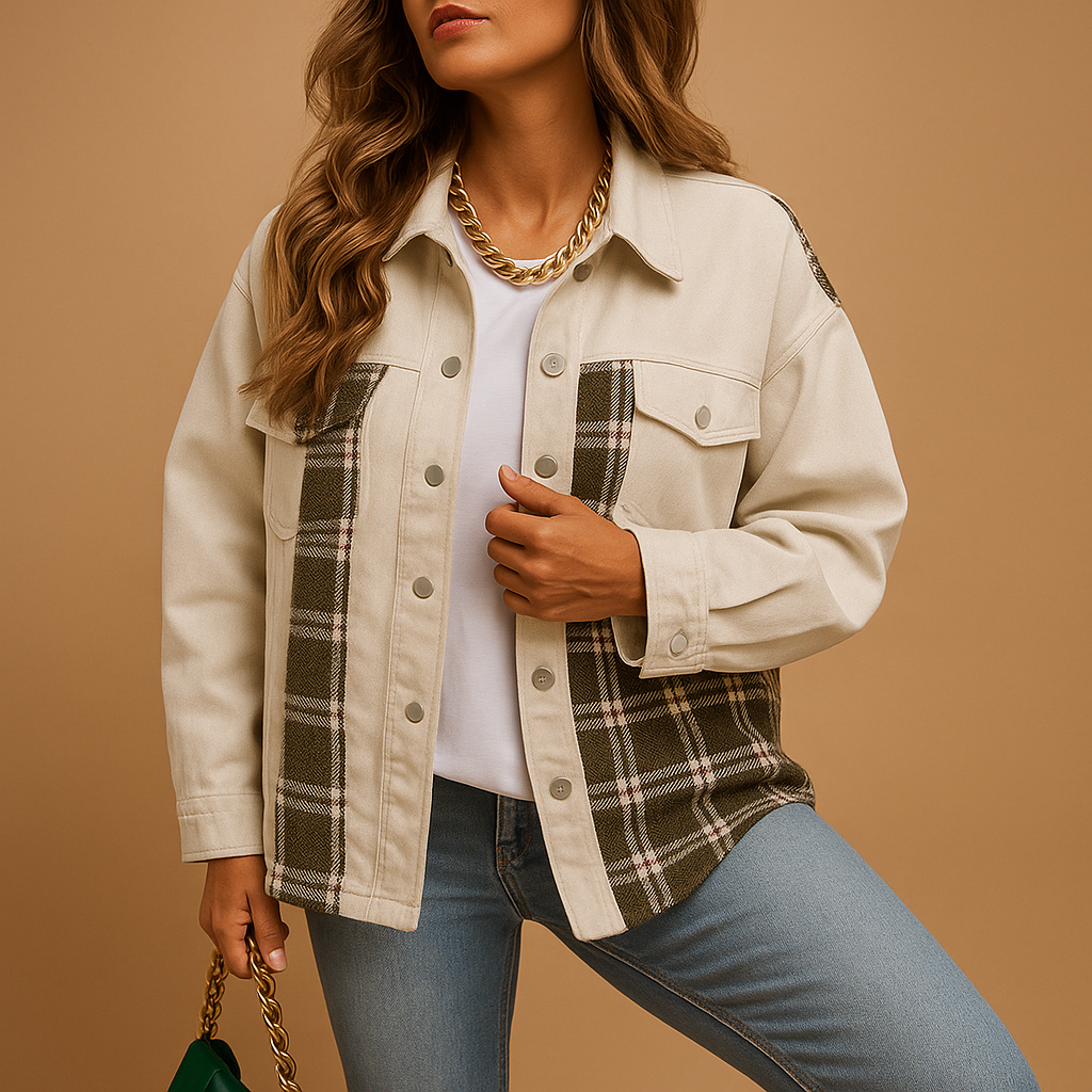 Plaid jacket for women with relaxed fit, soft fabric, and denim-style finish in red, black, and beige for casual or semi-formal wear.