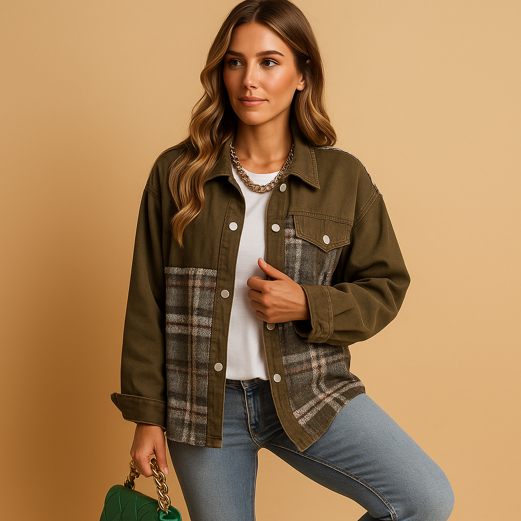 Plaid jacket for women with relaxed fit, soft fabric, and denim-style finish in red, black, and beige for casual or semi-formal wear.
